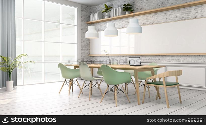 Minimalist interior ,meeting room ,White room with green chair and wood table, Scandinavian style. 3D render