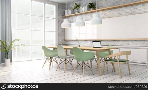 Minimalist interior ,meeting room ,White room with green chair and wood table, Scandinavian style. 3D render