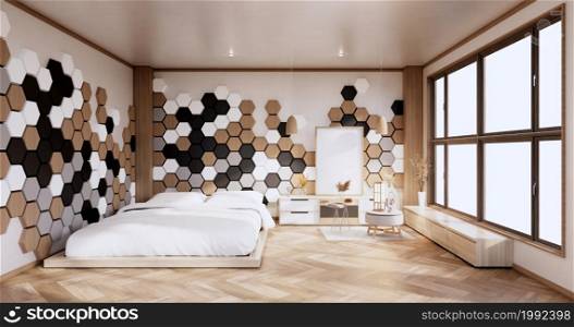 Minimalist interior mock up with zen bed plant and decoartion in japanese bedroom. 3D rendering.