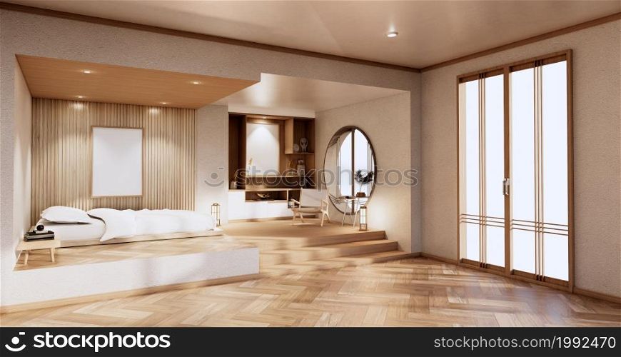 Minimalist interior mock up with zen bed plant and decoartion in japanese bedroom. 3D rendering.
