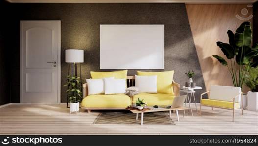 Minimalist interior ,Sofa furniture and plants, Modern black room design.3D rendering