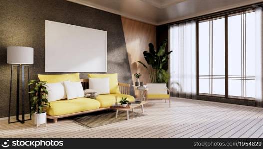 Minimalist interior ,Sofa furniture and plants, Modern black room design.3D rendering