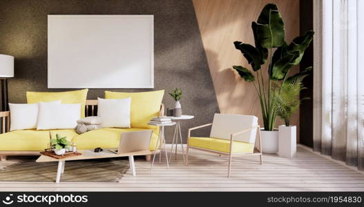 Minimalist interior ,Sofa furniture and plants, Modern black room design.3D rendering