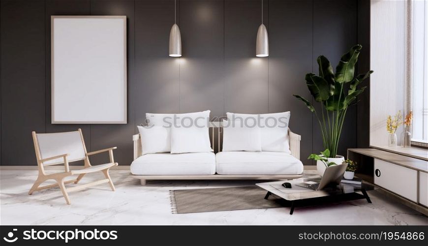 Minimalist interior ,Sofa furniture and plants, modern black room design.3D rendering