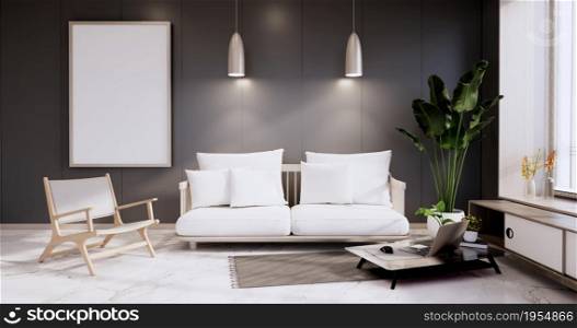 Minimalist interior ,Sofa furniture and plants, modern black room design.3D rendering