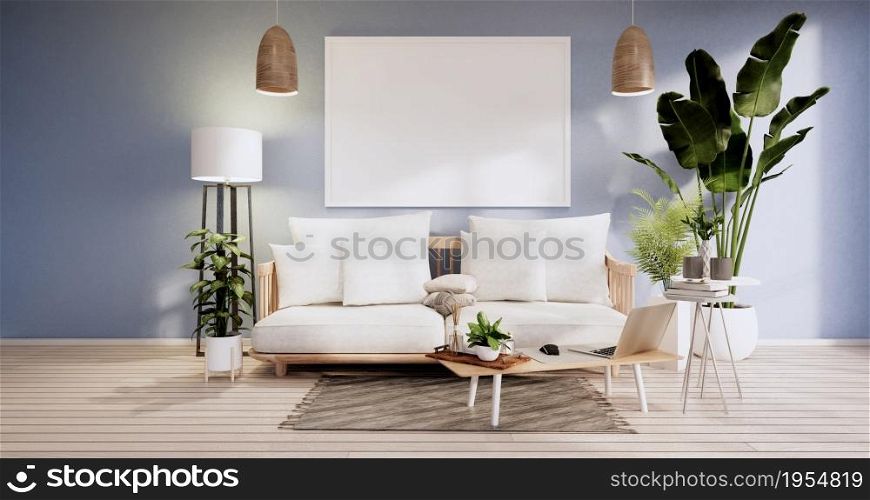 Minimalist interior ,Sofa furniture and plants, modern blue sky room design.3D rendering