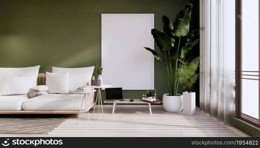 Minimalist interior ,Sofa furniture and plants, Modern green room design.3D rendering