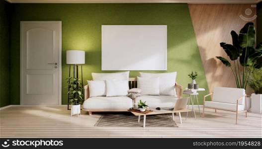 Minimalist interior ,Sofa furniture and plants, Modern green room design.3D rendering