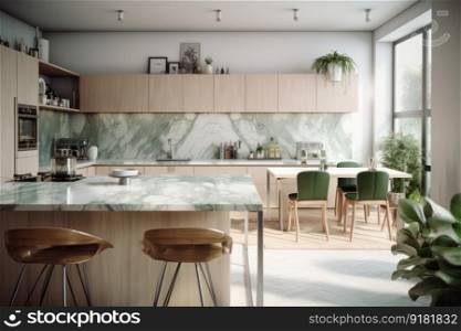 Minimalist kitchen interior with a sleek black countertop and wooden island, modern design for contemporary homes, AI Generative.