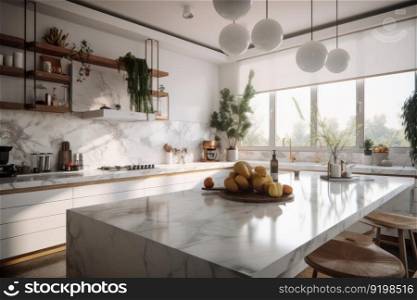 Minimalist kitchen interior with a sleek walnut island and modern wood countertops, creating a warm and inviting atmosphere. AI Generative.