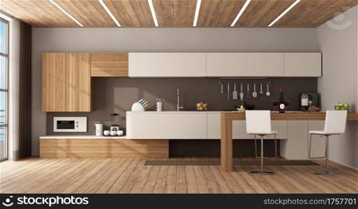 Minimalist kitchen with peninsula ,stools and wooden ceiling with led light -3d rendering. Minimalist kitchen with peninsula and stools