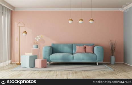 Minimalist living room interior with sofa on empty pastel color wall - 3d rendering. Modern living room interior with sofa on empty pastel color wall
