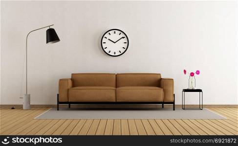Minimalist living room. Minimalist living room with leather sofa and floor lamp - 3d rendering
