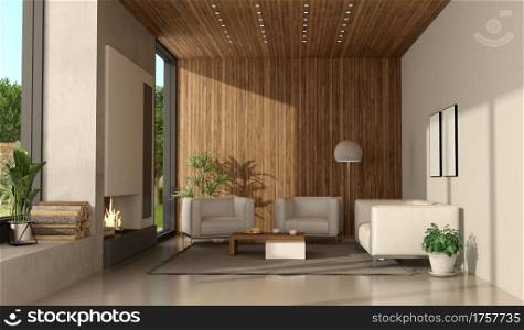 Minimalist living room of a modern villa with fireplace and white furniture - 3d rendering. Minimalist living room of a modern villa with fireplace