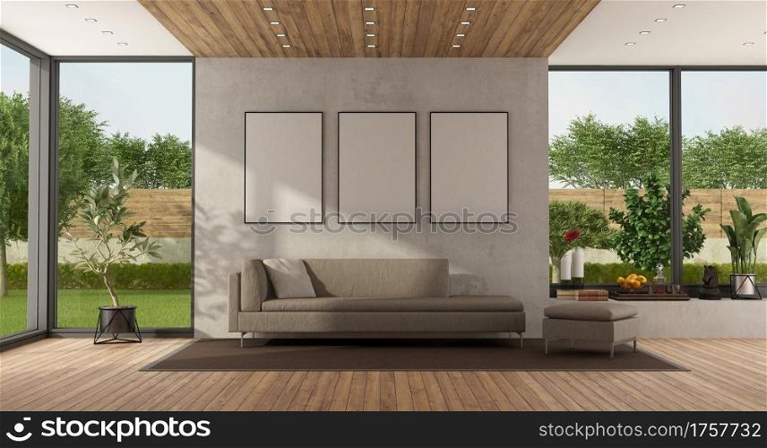 Minimalist living room with garden on background and modern sofa against concrete wall - 3d rendering. Modern living room with large window and sofa