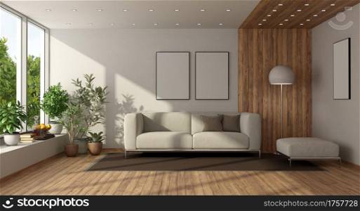Minimalist living room with large window and white furniture - 3d rendering. Minimalist living room with large window