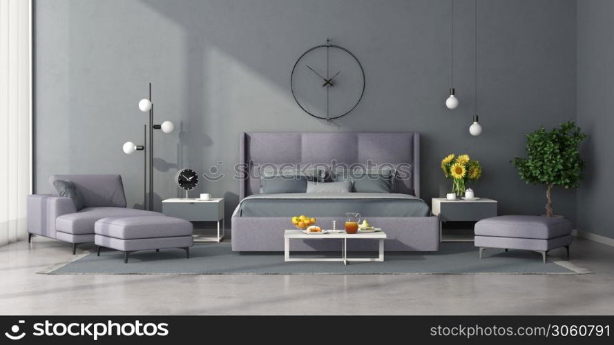 Minimalist living room with lilac sofa and chaise lounge on clear blue wall - 3d rendering. Minimalist master bedroom with lilac furniture