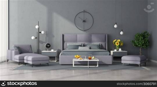 Minimalist living room with lilac sofa and chaise lounge on clear blue wall - 3d rendering. Minimalist master bedroom with lilac furniture