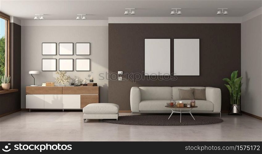 Minimalist living room with modern sofa and sideboard on background - 3d rendering. Minimalist living room with modern sofa and sideboard