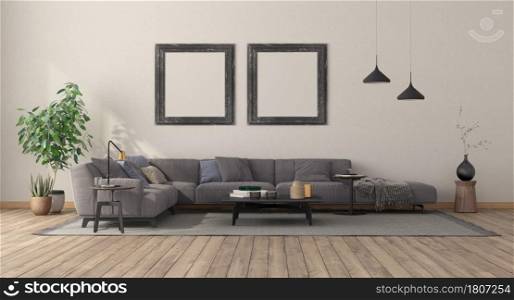 Minimalist living room with modern sofa,coffee table and blank picture frame on wall - 3d rendering. Minimalist living room with large sofa