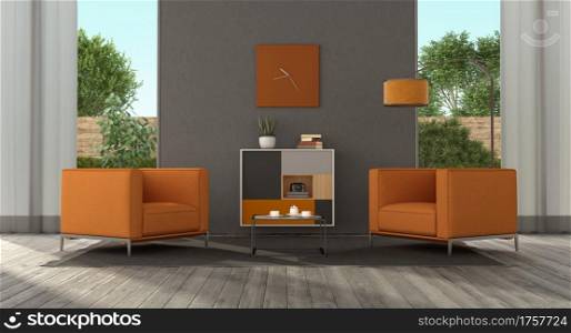 Minimalist living room with orange armchairs and sideboard - 3d rendering. Minimalist living room with orange furniture