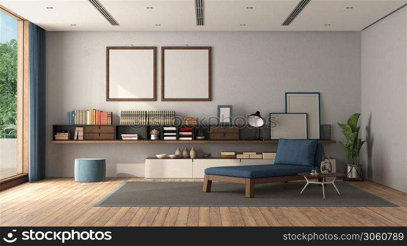 Minimalist living room with sideboard , chaise lounge and air conditioning system on the ceiling - 3d rendering. Minimalist living room with sideboard and chaise lounge
