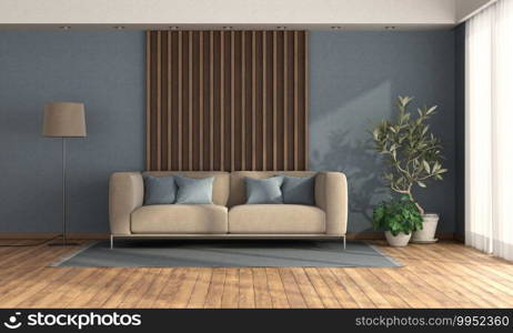 Minimalist living room with sofa against wooden panel and blue wall - 3d rendering. Living room with sofa against wooden panel