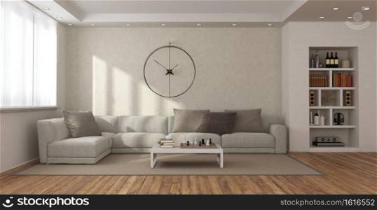 Minimalist living room with sofa,coffee table , bookcase and big clock on wall - 3d rendering. Modern living room with sofa and bookcase