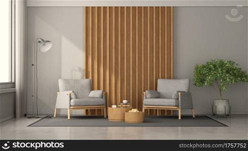 Minimalist living room with two armchairs against wooden panel,coffee table and floor lamp - 3d rendering. Minimalist living room with two armchairs against wooden panel
