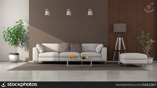 Minimalist living room with white sofa ,brown wall and wooden panel - 3d rendering. Minimalist living room with white sofa