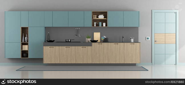 Minimalist modern kitchen. Clear blue and gray minimalist modern kitchen - 3d rendering