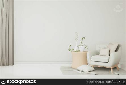 Minimalist modern living room with wood floor and decoration plants.3d rendering