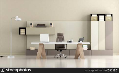 Minimalist modern office. Minimalist modern office with desk and bookcase - 3d rendering