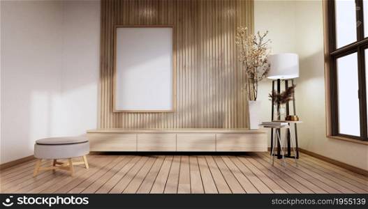 Minimalist - Modern room interior with Cabinet TV and armchair, plants,lamp, decorations.3D rendering