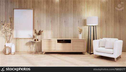 Minimalist - Modern room interior with Cabinet TV and armchair, plants,lamp, decorations.3D rendering