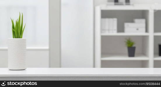 Minimalist Modern White Workspace with Copy Space: Blurred Office Background. Generative AI.