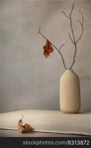 Minimalist monochrome still life composition with ceramic vase and autumn branch in beige color, abstract modern art design concept, copy space. Minimalist monochrome still life composition with ceramic vase and autumn branch in beige color