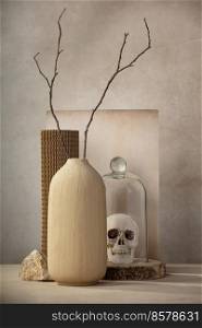 Minimalist monochrome still life composition with ceramic vase, cardboard podium, crumpled paper, natural stone, miniature skull and autumn branch in beige color, abstract modern art design concept