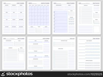 Minimalist planner pages templates. Organizer page, diary and daily control book. Life planners, weekly and days organizers or office schedule list. Graphic organization paper vector set. Minimalist planner pages templates. Organizer page, diary and daily control book. Life planners, weekly and days organizers vector set