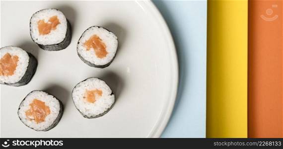 minimalist plate with sushi rolls close up