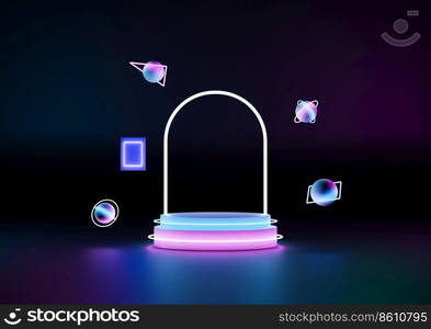 Minimalist podium with glowing line, 3d rendering