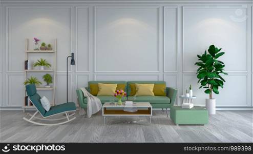 Minimalist room interior design, Green armchair and sofa on white floor and white frame wall /3d render