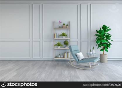 Minimalist room interior design, light blue lounge chair with plant on white floor and white frame wall /3d render