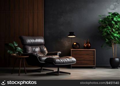 Minimalist Room Interior Design with Leather Armchair and Aesthetic Decoration on Dark Wall Background