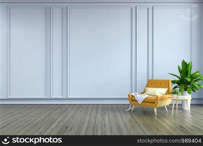 minimalist room interior design,yellow armchair and white lamp on wood flooring and white frame wall /3d render
