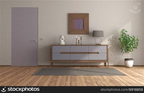 Minimalist room with purple sideboard and flush wall door - 3d rendering. Minimalist room with purple sideboard and closed door