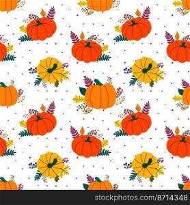 Minimalist style yellow and orange pumpkins with leaves amidst colorful dots forming seamless pattern on white background. Pattern of pumpkins and leaves