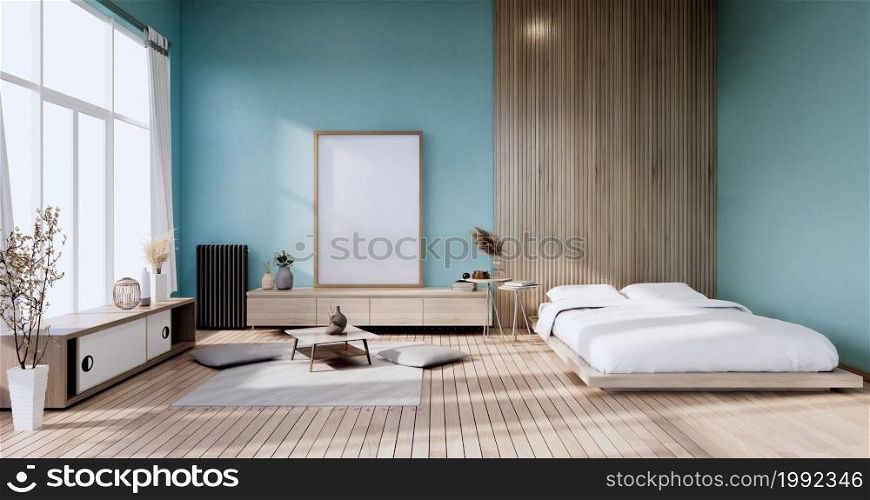 Minimalist Stylish interior of Mint modern wooden room with comfortable bed.3D rendering