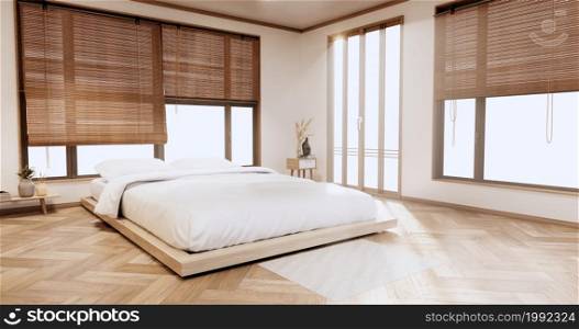 Minimalist Stylish interior of modern wooden room with comfortable bed.3D rendering