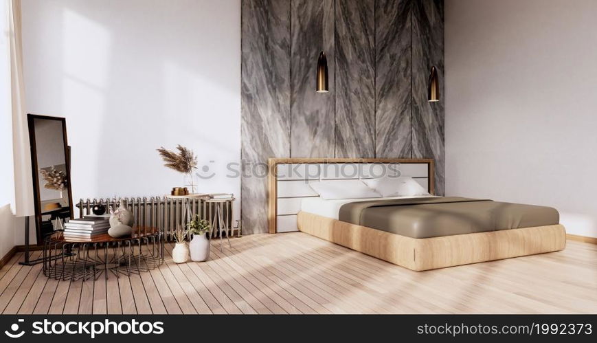 Minimalist Stylish interior of modern wooden room with comfortable bed.3D rendering